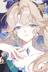  1girl beryl_bouanich blue_eyes commentary crescent crescent_earrings crystal_earrings dragonfly_hair_ornament earrings floating_earrings grey_hair hand_up jewelry long_hair looking_at_viewer mismatched_earrings parted_lips pelly.k portrait reverse:1999 solo watermark 