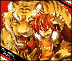  1boy animal claw_pose commentary_request copyright_name fangs hair_between_eyes jacket male_focus mecyo_(mamezurushiki) naruko_shoukichi open_mouth orange_eyes orange_shirt red_jacket shirt short_hair solo tiger yowamushi_pedal 