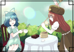  2girls beret blue_dress blue_hair braid chair chinese_clothes closed_eyes commentary cup dress enuchi_(jvdm7888) frilled_sleeves frills green_eyes green_hat green_skirt green_vest hair_ornament hair_rings hair_stick hat hat_ornament highres holding holding_cup hong_meiling kaku_seiga long_hair medium_hair mixed-language_commentary multiple_girls open_mouth outdoors pouring puffy_short_sleeves puffy_sleeves red_hair shirt short_sleeves sitting skirt star_(symbol) star_hat_ornament table touhou tree twin_braids vest white_shirt 