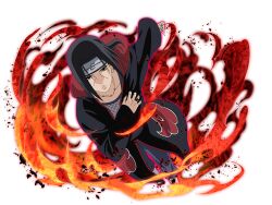  1boy 1girl akatsuki_uniform black_coat coat forehead_protector grey_pants jewelry konohagakure_symbol looking_at_viewer male_focus naruto_(series) naruto_shippuuden naruto_shippuuden:_ultimate_ninja_blazing official_art pants print_coat ring solo uchiha_itachi 