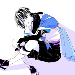  1boy arm_on_thigh armor belt black_belt black_bodysuit black_bridal_gauntlets black_hair black_sandals black_shorts blue_cape blue_eyes blue_kimono blue_sleeves blunt_ends bodysuit bridal_gauntlets cape commentary_request covered_collarbone crossed_legs eyeliner feathers genshin_impact hakama hakama_shorts hand_on_own_arm head_down highres japanese_armor japanese_clothes juban kimono kote kurokote layered_sleeves leg_warmers looking_at_viewer makeup male_focus open_clothes open_kimono parted_lips partially_colored pleated_shorts pom_pom_(clothes) purple_rope purple_sash red_eyeliner rope sandals sash scaramouche_(genshin_impact) shimizumikann short_sleeves shorts shoulder_peek side_cape sitting solo stirrup_legwear toeless_legwear toenails tsurime turtleneck turtleneck_bodysuit wanderer_(genshin_impact) white_background white_kimono white_leg_warmers white_sleeves yellow_feathers zouri 