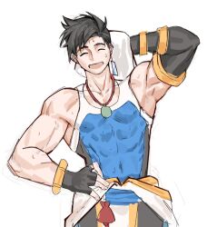  1boy arm_behind_head armpits asymmetrical_gloves bare_shoulders belt black_hair black_pants blue_belt blue_tank_top bodysuit bracelet closed_eyes clothes_around_waist collarbone covered_abs covered_pectorals drying drying_hair drying_own_hair earrings elbow_gloves fingerless_gloves gloves hair_bun hand_on_own_hip highres holding holding_towel jade_(gemstone) jewelry muscular muscular_male necklace open_mouth overwatch pants pectorals pelvic_curtain pendant rectangular_earrings sidepec simple_background single_earring single_elbow_glove sketch sleeveless sleeveless_bodysuit smile sweat tank_top tight_clothes titanium886 topknot towel towel_on_head uneven_gloves upper_body very_sweaty white_background wuyang_(overwatch) yaopei 