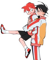  2boys black_hair black_shorts brown_eyes commentary double-parted_bangs fang holding imaizumi_shunsuke jacket male_focus multicolored_jacket multiple_boys naruko_shoukichi o_omome open_mouth pants red_hair shoes shorts simple_background socks track_jacket untranslatable_commentary white_background white_socks yowamushi_pedal 