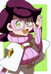  1girl big_hair breasts capelet commentary_request glasses green_eyes high-waist_skirt highres large_breasts long_sleeves mature_female medium_skirt midori-k-901002 pencil_skirt pink-framed_eyewear pink_sweater pokemon pokemon_sm purple_hair ribbed_sweater short_hair skirt smile solo sweater turtleneck turtleneck_sweater white_capelet white_skirt wicke_(pokemon) 