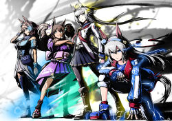  152_in_can 4girls absurdres animal_ears bag blue_bag blue_dress blue_eyes blue_hairband blue_jacket blue_scarf blue_sports_bra boots bow braid breasts brown_hair closed_mouth commentary_request dress ear_bow ear_covers ear_ribbon eisei_sankyou_(umamusume) electric_eyes electricity eye_trail fingerless_gloves gloves grey_hair grey_tail hair_between_eyes hairband headband highres horse_ears horse_girl horse_tail jacket kneeling large_breasts light_trail lightning_bolt_print lightning_bolt_symbol long_hair long_sleeves medium_breasts multicolored_hair multicolored_hairband multiple_girls oguri_cap_(starlight_beat)_(umamusume) oguri_cap_(umamusume) pants red_headband scarf shoulder_bag small_breasts sports_bra streaked_hair striped_clothes striped_hairband super_creek_(murmuring_stream)_(umamusume) super_creek_(umamusume) tail tamamo_cross_(fast_as_lightning)_(umamusume) tamamo_cross_(umamusume) two-tone_hairband umamusume very_long_hair white_boots white_gloves white_hair white_pants 