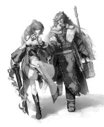  1boy 1girl absurdres armor broken broken_sword broken_weapon cape china_dress chinese_clothes clothing_cutout couple dress facial_hair fu_hua fu_hua_(azure_empyrea) fur_cape gandy_(gan3e46) gloves greyscale hair_ornament hairpin hammer hetero highres holding holding_hammer holding_hands holding_sword holding_weapon honkai_(series) honkai_impact_3rd long_hair monochrome oc_x_canon one_eye_covered original pauldrons pleated_sleeves sash shoulder_armor shoulder_cutout spiked_pauldrons spikes stubble sword weapon yin_yang 
