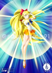  ankle_strap artist_logo artist_name back_bow bare_legs bishoujo_senshi_sailor_moon blonde_hair blue_eyes bow commentary english_commentary gloves glowing hair_bow hands_up inner_senshi legs_together logo long_hair long_legs looking_at_viewer narrow_waist orange_sailor_collar orange_skirt sailor_collar sailor_senshi sailor_senshi_uniform sailor_venus sassyspice skinny skirt slim_legs very_long_hair watermark white_gloves 