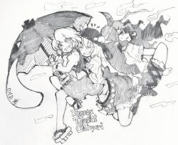  3girls barefoot blush boots carbohydrate_(asta4282) character_name commentary_request fang frilled_skirt frills geta greyscale grin hat_ornament highres hinanawi_tenshi holding holding_umbrella horns hug hug_from_behind juliet_sleeves karakasa_obake leaf_hat_ornament long_hair long_sleeves monochrome multiple_girls one-hour_drawing_challenge open_mouth peach_hat_ornament pointy_ears puffy_short_sleeves puffy_sleeves shirt short_sleeves shorts single_horn skin_fang skirt smile tatara_kogasa tenkajin_chiyari toes touhou traditional_media umbrella very_long_hair vest 