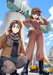  2girls :d absurdres aircraft airship azumanga_daioh belt black_belt black_boots black_shoes boots breasts brown_jacket brown_pants clouds cloudy_sky excavator giant_robo gingham_scarf grey_thighhighs highres jacket long_hair misogram mizuhara_koyomi multiple_girls pants salute shoes short_hair sky smile spiky_hair squatting sun takino_tomo thigh-highs 