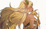  1girl bare_shoulders blonde_hair closed_eyes closed_mouth commentary_request dark-skinned_female dark_skin earrings fingernails floating_hair flower highres holding holding_flower jewelry long_hair mouyi pointy_ears profile shoulder_tattoo simple_background smile solo sonia_(zelda) strapless tattoo the_legend_of_zelda the_legend_of_zelda:_tears_of_the_kingdom white_background yellow_flower 