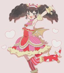  1girl :d arm_up bat_wings black_hair boots commentary_request demon_horns detached_sleeves dress fang fur-trimmed_dress fur_trim gaaruru_(pripara) grey_eyes hachimu_yan heart highres horns idol_clothes long_hair looking_at_viewer open_mouth paw_shoes pink_dress pretty_series pripara red_boots short_dress smile solo standing standing_on_one_leg striped_clothes striped_thighhighs thigh-highs twintails vertical-striped_clothes vertical-striped_thighhighs wings wrist_cuffs 