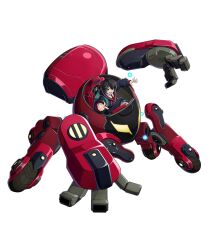  backpack bag black_hair full_body highres hood hoodie marvel marvel_tokon:_fighting_souls mecha necktie official_art on_mecha open_cockpit open_mouth peni_parker pleated_skirt pointing red_necktie robot short_hair skirt smile sp//dr spider-man_(series) 