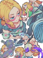  1boy 1girl absurdres andrich_galam black_boots blonde_hair blush boots bright_pupils capri_pants colored_tips commentary converse english_commentary faceless faceless_male facepaint foreshortening from_above from_below furrowed_brow grin half-closed_eyes hands_up heart heart_sticker highres holding holding_letter holding_paintbrush holding_poke_ball hug letter long_hair love_letter low_ponytail mina_(pokemon) multicolored_hair multiple_views off-shoulder_shirt off_shoulder outstretched_arm oversized_clothes oversized_shirt paint_in_hair paint_on_clothes paint_splatter paint_stains paintbrush pants parted_bangs pink_hair pink_tank_top poke_ball poke_ball_(basic) pokemon pokemon_sm ponytail pursed_lips revision shirt shoes short_sleeves sketchbook smile sticker sweatdrop tank_top torn_clothes torn_pants v-shaped_eyebrows violet_eyes white_pupils 