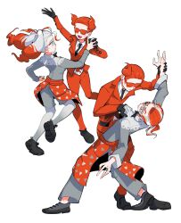 2boys 2girls :d antenna_hair apron arm_up black_bow black_bowtie black_gloves black_necktie black_shoes blue_eyes bow bowtie closed_mouth collared_shirt commentary dancing english_commentary expressionless glasses gloves grey_pants grey_shirt grey_shorts griselle_(pokemon) grisham_(pokemon) high_ponytail highres holding_another's_wrist holding_hands interlocked_fingers jacket jewelry lapels long_hair long_sleeves looking_at_another multicolored_hair multiple_boys multiple_girls necktie one_side_up open_mouth pants pantyhose pokemon pokemon_legends:_z-a pokemon_xy ponytail print_apron red-tinted_eyewear red_apron red_eyes red_hair red_jacket red_pants red_suit ring shirt shoes short_hair shorts simple_background smile streaked_hair suit sunglasses team_flare team_flare_grunt team_flare_uniform tinted_eyewear two_side_up waist_apron white-framed_eyewear white_background white_hair white_pantyhose white_shirt wide-eyed wing_collar youlil_01 