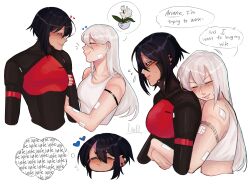  2girls absurdres android ariane_yeong bandaid bandaid_on_arm bandaid_on_shoulder black_hair blush closed_eyes commentary couple cropped_torso elster_(signalis) english_commentary flying_sweatdrops grabbing_another's_arm heart highres hug hug_from_behind long_hair luft_(luft_sch) multiple_girls multiple_views short_hair signalis simple_background skin_seams smile speech_bubble thought_bubble upper_body white_background white_hair yuri 