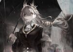  1girl animal_ears arknights ascot black_coat brown_hair coat extra_ears grey_sky hair_between_eyes hair_ornament highres holding holding_umbrella long_hair long_sleeves looking_at_viewer mole mole_above_mouth outdoors penance_(arknights) rain simple_bird sky solo umbrella upper_body watanab1019 white_ascot wind wolf_ears wolf_girl yellow_eyes 