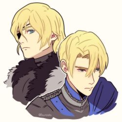  1boy age_progression artist_name black_cloak blonde_hair blue_cloak blue_eyes blue_jacket burasto cloak closed_mouth commentary dimitri_alexandre_blaiddyd dimitri_alexandre_blaiddyd_(timeskip) dimitri_alexandre_blaiddyd_(young) english_commentary eyepatch fire_emblem fire_emblem:_three_houses fur_cloak hair_between_eyes jacket male_focus multiple_views parted_bangs upper_body 