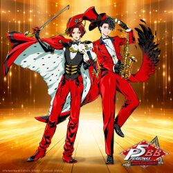  2boys alto_saxophone amamiya_ren anchor animal atlus beamed_eighth_notes bird bird_wings black-framed_eyewear black_bow black_bowtie black_cape black_eyes black_feathers black_gloves black_hair black_shoes black_vest black_wings bow bow_(music) bowtie cape coat coattails collared_shirt commentary_request copyright_name copyright_notice eighth_note elbow_gloves feathers full_body fur_cape glasses gloves hat highres holding holding_instrument holding_removed_eyewear holding_saxophone holding_violin instrument kamishiro_nagisa loafers long_sleeves looking_at_viewer low_wings male_focus multicolored_cape multicolored_gloves multiple_boys musical_note musical_staff official_alternate_costume official_art open_clothes open_coat pants parted_bangs persona persona_5 persona_5:_the_phantom_x promotional_art red_cape red_coat red_eyes red_gloves red_hair red_hat red_pants red_shoes red_suit red_wings saitou_rokuro saxophone second-party_source sega shirt shoes short_hair smile solo standing standing_on_one_leg star_(symbol) suit tailcoat top_hat traditional_bowtie treble_clef two-tone_gloves unworn_eyewear vest violin wavy_hair white_cape white_shirt wing_collar wings 