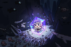  1girl 1other anglerfish barreleye_fish bing_huyue boneworm chest_jewel chibi commentary darkness deep_sea deepsea_shark english_commentary fish gem gem_hair_ornament goblin_shark hair_flaps hand_jewel highres hololive hololive_english jellyfish koseki_bijou koseki_bijou_(1st_costume) long_hair multicolored_gem music ocean pebble_(koseki_bijou) purple_gem purple_hair shrimp simple_fish singing skeleton snailfish standing starfish tiara umbrella_octopus very_long_hair violet_eyes virtual_youtuber 