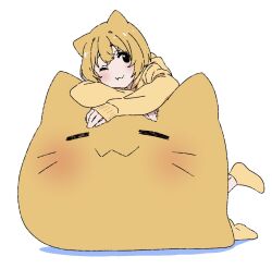  1girl :3 =_= animal_ears black_eyes blob_(google) blobcat blush bob_cut cat_ears cat_girl creature_and_personification highres hood hood_down hoodie long_sleeves looking_at_viewer matatabeat misskey.io one_eye_closed orange_hair orange_hoodie orange_socks personification short_hair simple_background sleeves_past_wrists socks white_background 