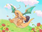  animal_focus bag blue_sky brown_eyes clouds commentary_request dragon dragonite flower grass highres holding holding_bag horizon no_humans pokemon pokemon_(creature) sky towa_(clonea) 