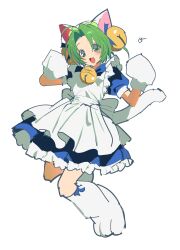  1girl absurdres animal_ears apron bell bow cat_ears cat_tail dejiko di_gi_charat dress gloves green_eyes green_hair hair_bell hair_ornament highres jingle_bell looking_at_viewer mittens natwjeq neck_bell open_mouth parted_bangs paw_shoes short_sleeves smile solo tail tail_bow tail_ornament white_apron white_background white_mittens 