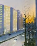  apartment bare_tree building car highres highway morning motor_vehicle original painting_(medium) road sakaue111 sunset traditional_media tree watercolor_(medium) 