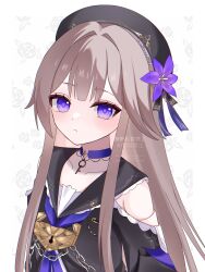  1girl black_hat brown_hair closed_mouth clothing_cutout collarbone commentary flower hair_flower hair_ornament hat herta_(honkai:_star_rail) highres honkai:_star_rail honkai_(series) kino_(curry_pan) light_blush light_frown long_hair looking_at_viewer purple_flower shoulder_cutout solo very_long_hair violet_eyes white_background 