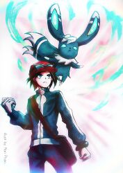 1boy artist_name black_hair blue_jacket calem_(pokemon) cowboy_shot eyewear_on_headwear floating han_(hangngalephan) hat highres holding holding_poke_ball jacket levitation male_focus mega_ring meowstic meowstic_(male) poke_ball poke_ball_(basic) pokemon pokemon_(creature) pokemon_xy red_hat sunglasses 