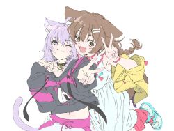 2girls :3 ahoge animal_collar animal_ear_fluff animal_ears arm_around_shoulder black_hoodie bone_hair_ornament bracelet braid brown_hair cat_ears cat_girl cat_tail closed_mouth collar commentary_request dog_ears dog_girl fang hair_between_eyes hair_ornament highres hololive hood hoodie inugami_korone inugami_korone_(1st_costume) jacket jewelry long_sleeves looking_at_viewer marugayotsu midriff_peek multiple_girls nekomata_okayu nekomata_okayu_(1st_costume) one_eye_closed open_mouth purple_hair short_hair simple_background smile tail v violet_eyes virtual_youtuber white_background yellow_jacket 