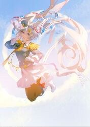  1girl absurdres ahoge balabling beamed_eighth_notes commentary_request epaulettes full_body gloves hair_between_eyes hair_ornament hat hat_feather hatsune_miku highres horn_(instrument) instrument instrument_hair_ornament light_blush long_hair looking_at_viewer mini_hat mini_shako_cap multicolored_hair musical_note musical_note_print musical_staff musical_staff_print official_alternate_costume official_alternate_hairstyle open_mouth shako_cap smile solo twintails very_long_hair vocaloid white_gloves white_hair yuki_miku yuki_miku_(2020) 