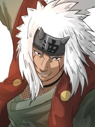  1boy facial_mark flak_jacket forehead_protector highres hmersuio jacket jiraiya_(naruto) konohagakure_symbol long_hair male_focus naruto_(series) solo whisker_markings white_hair 