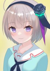  1girl :3 absurdres ahoge aqua_cardigan black_flower black_hairband black_neckerchief black_ribbon black_rose blunt_bangs blush cardigan closed_mouth eyelashes eyes_visible_through_hair flower grey_hair hair_between_eyes hair_flower hair_ornament hair_ribbon hairband heaven_burns_red highres looking_at_viewer luck_hebuban minase_sumomo neckerchief open_cardigan open_clothes purple_ribbon ribbon rose sailor_collar short_hair simple_background smile solo tareme upper_body violet_eyes white_sailor_collar yellow_background 