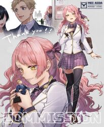  1boy 2girls aida_mei alternate_costume around_corner artist_name bag black_hair black_shirt black_thighhighs blazer blonde_hair blue_necktie blue_suit bow briefcase business_suit collared_shirt commentary_request commission contemporary faceless faceless_female from_side full_body hair_bow hair_intakes hair_ribbon hand_on_own_chest hetero highres holding holding_mini_person jacket jealous long_hair looking_at_another majo_to_kekkon_nante_suru_mon_ja_nai! mini_person miniboy mole mole_under_eye multiple_girls multiple_views necktie no_eyes one_eye_in_shadow peeking_out pink_hair purple_bow purple_necktie purple_ribbon purple_skirt ribbon school_bag school_uniform shirt shrinking signature silhouette size_difference skeb_commission skirt small_sweatdrop smile suit tassel thigh-highs watermark wavy_hair white_jacket yellow_eyes zettai_ryouiki 