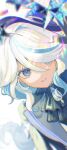  1girl 314khk absurdres ascot black_ascot black_gloves blue_eyes blue_hair blue_headwear blurry blurry_foreground furina_(genshin_impact) genshin_impact gloves hair_between_eyes hair_over_one_eye hat highres long_hair multicolored_hair parted_lips simple_background solo upper_body white_background white_hair 