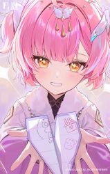  1girl aemeath_(wuthering_waves) chinese_commentary commentary_request dress grin hair_ornament hands_up highres holding holding_paper_airplane jpeg_artifacts light_blush logo long_sleeves looking_at_viewer merchandise_available official_art orange_eyes paper_airplane pink_hair short_hair short_twintails smile solo star-shaped_pupils star_(symbol) symbol-shaped_pupils twintails upper_body white_dress wuthering_waves 