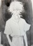  1boy closed_mouth collared_shirt commentary cow greyscale kgeroua light_smile looking_at_viewer male_focus monochrome nagisa_kaworu neon_genesis_evangelion painting_(medium) shirt short_hair short_sleeves sketch solo symbol-only_commentary traditional_media undershirt watercolor_(medium) 