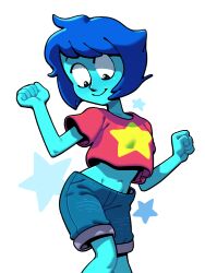  1girl alternate_costume baggy_clothes blue_hair blue_skin clenched_hand closed_mouth colored_skin cosplay crop_top denim denim_shorts discount-supervillain gem_(steven_universe) lapis_lazuli_(steven_universe) midriff navel shirt short_hair shorts smile solo star_(symbol) steven_quartz_universe steven_quartz_universe_(cosplay) steven_universe t-shirt 