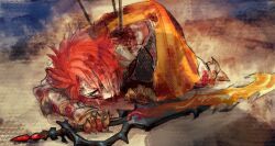  1boy blood_on_armor blood_on_cheek grimms_notes hair_over_one_eye holding holding_sword holding_weapon ignis_berflame_(grimms_notes) ignis_berflame_(guren)_(grimms_notes) impaled injury male_focus on_ground one_eye_covered red_eyes red_hair shadow short_hair side_part solo spiky_hair sword weapon yako_(pzy) 