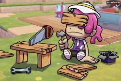  1girl blush closed_mouth female_protagonist_(pokemon_pokopia) frown full_body hammer hat holding holding_hammer nail_(hardware) pants plank pokemon pokemon_pokopia purple_shirt saw shirt shoes short_sleeves spcrashworks spongebob_squarepants_(series) twintails white_hat wrench yellow_shoes 