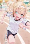  1girl absurdres aqua_eyes blonde_hair hair_ornament hairband highres hololive kazama_iroha landl open_mouth ponytail relay_baton running running_track shirt virtual_youtuber white_shirt 