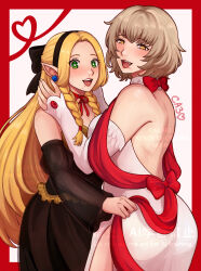  2girls after_kiss backless_dress backless_outfit black_dress black_hairband blonde_hair blush bow braid crazyanime3 dress dungeon_meshi falin_touden falin_touden_(tallman) fang feather-trimmed_dress green_eyes hair_bow hairband highres lipstick long_hair makeup marcille_donato multiple_girls official_alternate_costume red_shawl shawl smeared_lipstick twin_braids very_long_hair white_dress yellow_eyes yuri 