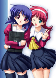  2girls aqua_eyes ascot bad_id black_skirt black_thighhighs blue_hair briefcase cowboy_shot flipped_hair hairband hand_on_another's_shoulder hand_up holding holding_briefcase hugging_object juliet_sleeves kimeoshi long_sleeves looking_at_another looking_at_viewer medium_hair miniskirt multiple_girls nishina_ayumi one_eye_closed open_mouth pleated_skirt puffy_sleeves purple_shirt red_hair sailor_collar school_briefcase school_uniform sentimental_graffiti sentimental_prelude shinohara_saori shirt skirt smile standing thigh-highs violet_eyes w white_hairband white_sailor_collar yellow_ascot 
