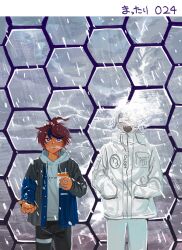  2boys :d ahoge aotsuki_eito black_pants black_streaks blue_eyes blue_jacket breast_pocket breath bright_pupils commentary drawstring drink_carton glasses grey_hair grey_jacket hands_in_pockets highres holding holding_milk_carton hood hoodie jacket jacket_over_hoodie male_focus milk_carton multicolored_hair multicolored_jacket multiple_boys open_clothes open_jacket pants pocket ransuteeki red_hair ringed_eyes short_hair sleeve_pouch smile snowing streaked_hair sumino_takumi the_hundred_line_-last_defense_academy- translated two-tone_hair two-tone_jacket white_hoodie white_jacket white_pants white_pupils wind 