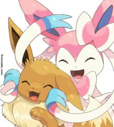  closed_eyes commentary_request eevee fangs highres no_humans open_mouth pokemon pokemon_(creature) pokemon_focus rorosuke simple_background smile sylveon twitter_username white_background 