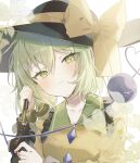  1girl absurdres black_headwear bow green_eyes green_hair highres holding holding_phone jacket komeiji_koishi looking_at_viewer phone short_hair smile solo sorani_(kaeru0768) touhou white_background wire yellow_bow yellow_jacket 