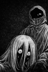  2boys black_background commentary english_commentary greyscale highres hood hoodie itadori_yuuji jujutsu_kaisen jujutsu_kaisen_modulo long_hair mahito_(jujutsu_kaisen) monochrome multiple_boys nocturnmachine one_eye_closed shadow sweat 