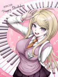  1girl absurdres ahoge akamatsu_kaede blonde_hair breasts collared_shirt commentary_request danganronpa_(series) danganronpa_v3:_killing_harmony hair_ornament happy_birthday highres instrument keyboard_(instrument) large_breasts long_hair long_sleeves looking_at_viewer moon_(moon0771110) musical_note musical_note_hair_ornament musical_note_print necktie open_mouth pink_sweater_vest pleated_skirt shirt skirt smile sweater_vest white_shirt 