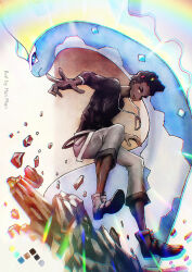  1boy absurdres artist_name aurorus black_hair black_shirt dark-skinned_male dark_skin grant_(pokemon) grey_pants han_(hangngalephan) highres looking_at_viewer male_focus pants pokemon pokemon_(creature) pokemon_xy rainbow shirt 