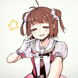  1girl antenna_hair black_neckerchief blush bow brown_hair commentary_request double_bun gloves grey_background hair_bun half-closed_eyes highres kantai_collection kou1 looking_at_viewer naka_(kancolle) naka_kai_ni_(kancolle) neckerchief open_mouth orange_eyes sailor_collar selfie simple_background solo star_(symbol) sweat upper_body white_bow white_gloves white_sailor_collar 